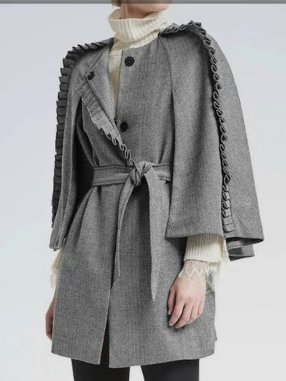 Banana Republic Olivia Palermo Gray Capeback Wool Coat With Ruffle SIZE L